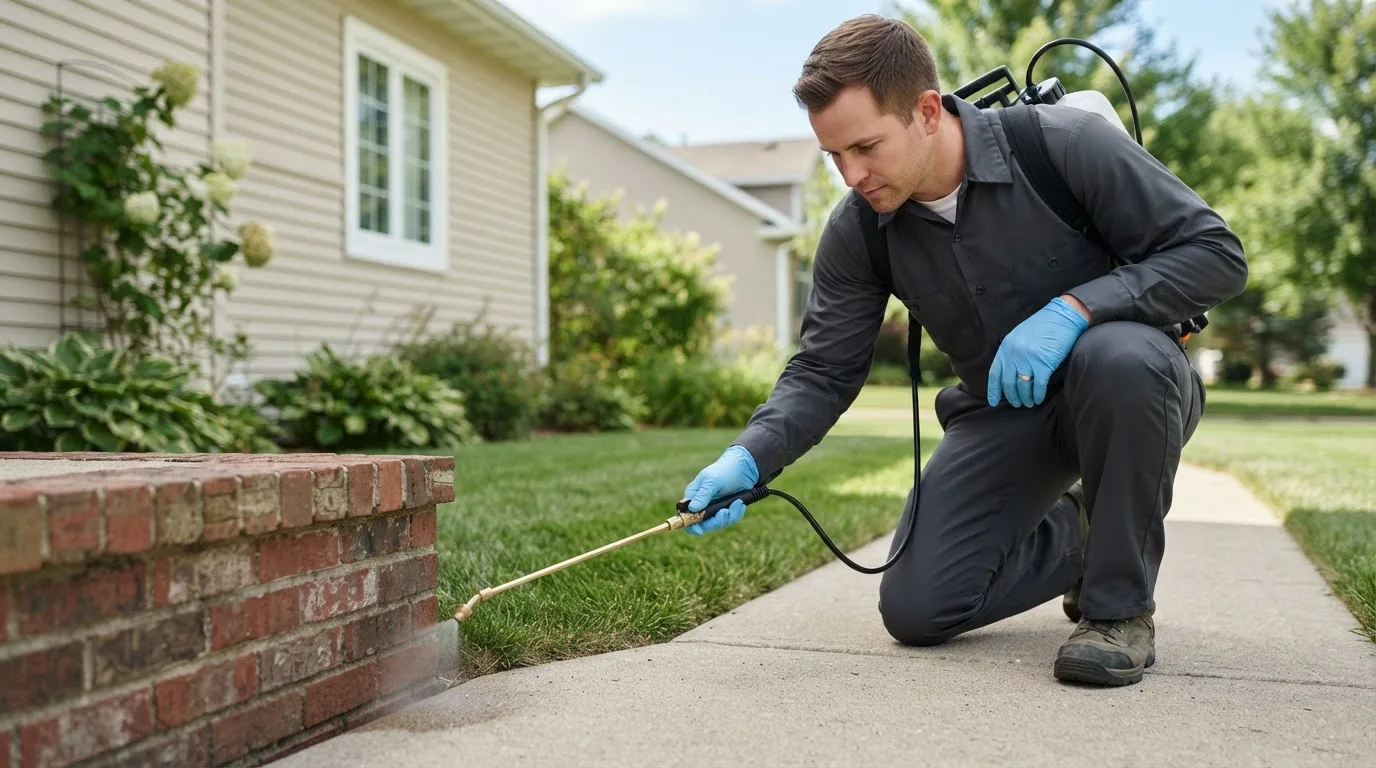 Pest control technician treating a home near Harrah, OK