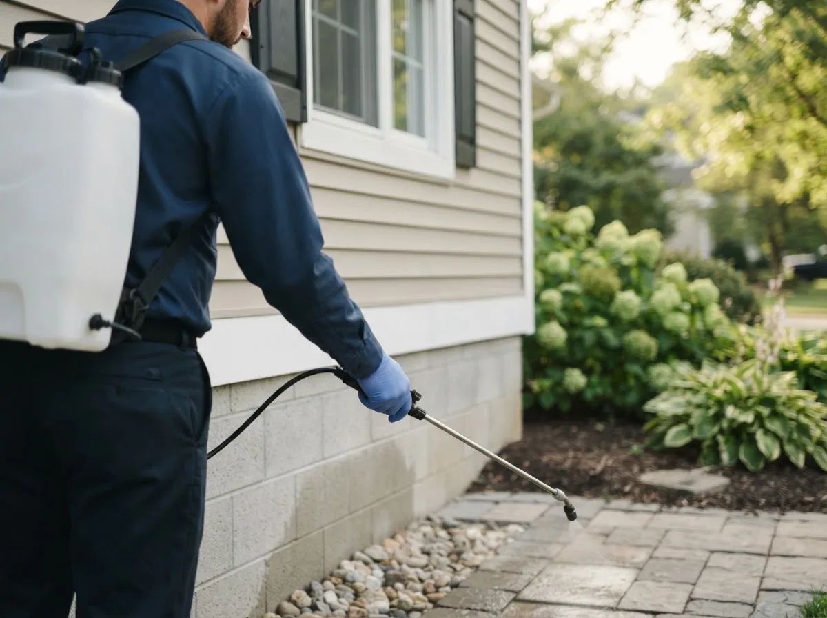 Pest control technician inspecting a home in Harrah, OK
